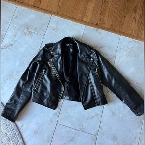 Zara Black Leather Jacket with Gold Detailing